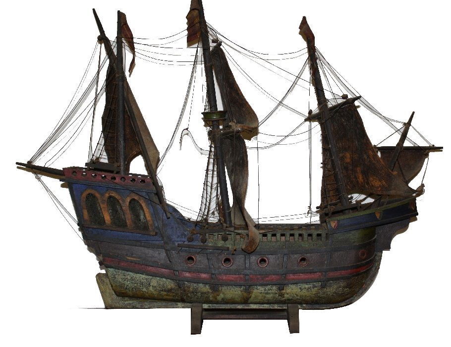 Wood and leather "Santa Maria" ship model: 38"l x 29"h