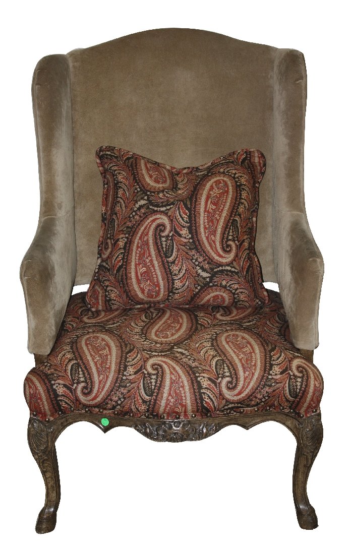 Ralph Lauren upholstered wing back library chair: Suede and custom upholstery. 43 1/2"h x 28"w x 28"d