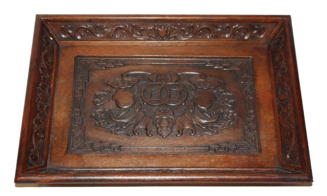 Carved Chinese huanghuali rectangular tea tray with bat: 13 3/8"l x 9 1/2"w