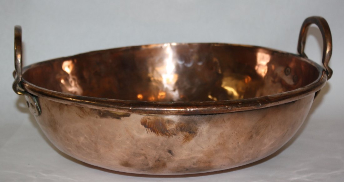 Antique French hand hammered copper candy vat: with copper handles. 7"h x 16" dia