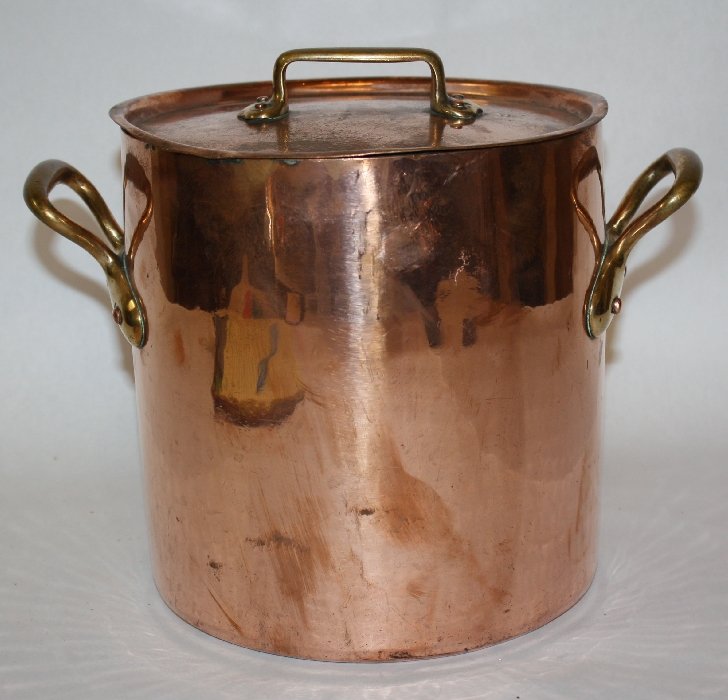 Antique French hand hammered copper stock pot with lid