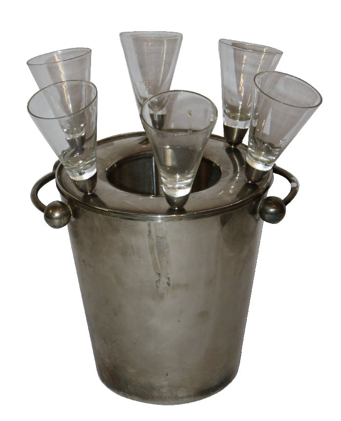 Champagne bucket with 6 integrated champagne glasses: Bucket measures 8 1/2" x 10"w x 8 1/2"d. Glasses measure 8 3/4"h