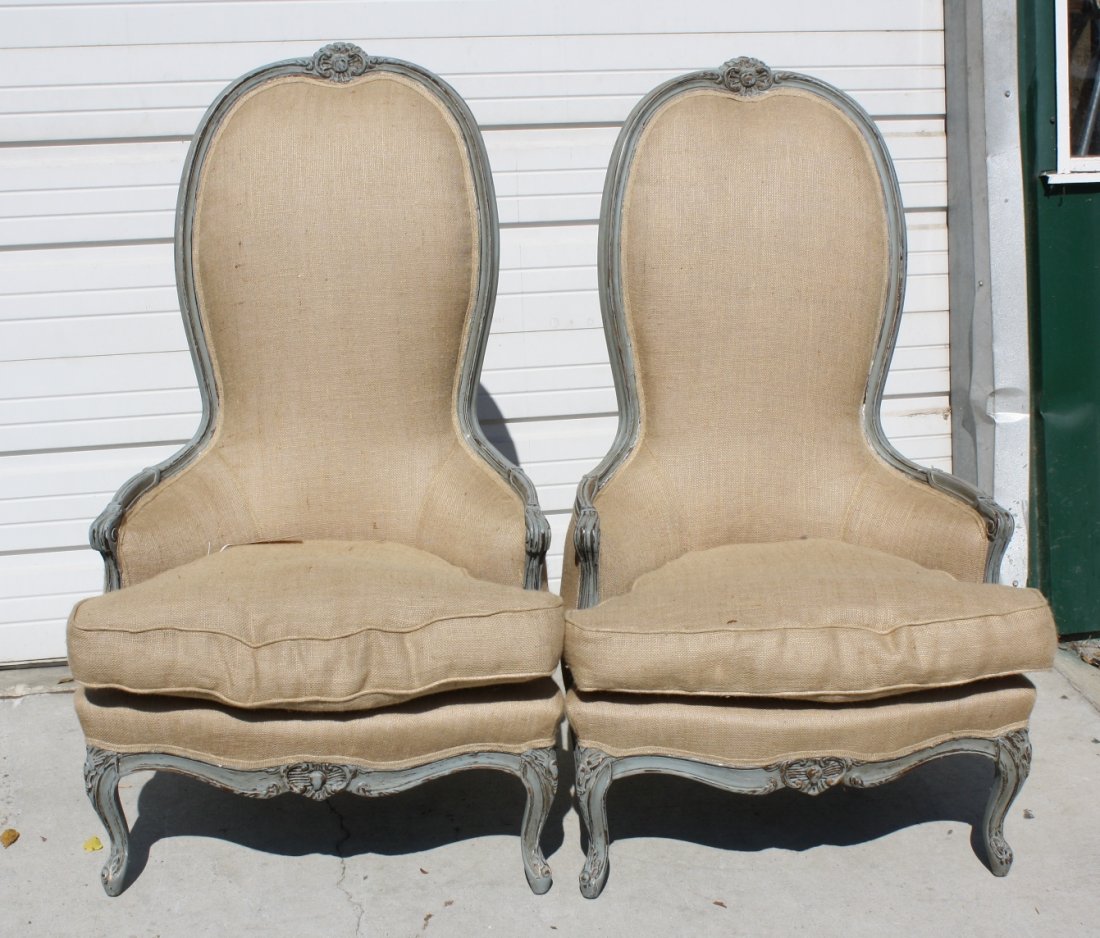 Pair of French Provincial style painted bergeres: upholstered with burlap. 47"h x 29"w x 28"d