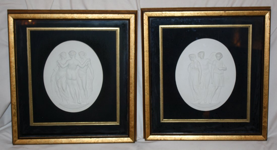 Lot of 2 Sevres parian porcelain plaques in shadowboxes: One is Three Graces. 15 1/2"h x 14 1/2"l in shadowbox frame. *Please note: these are believed to be Sevres; however, they have not been removed from the frames to verify or look for a mark.