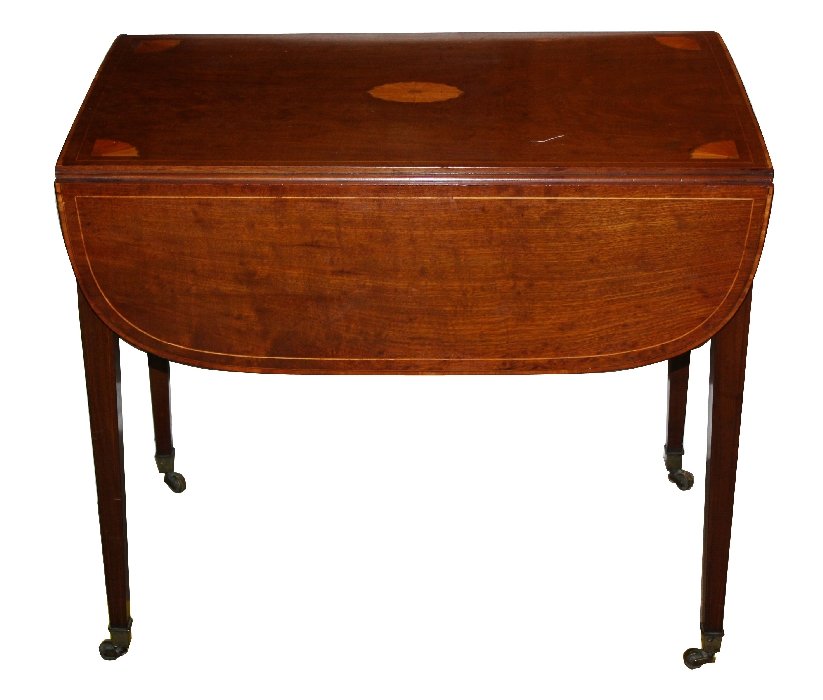 English Pembroke table. Hepplewhite style with: marquetry inlaid motifs. Late 19th century. Mahogany. 27 5/8"h x 32 1/8"w x 19 3/4"l-37 1/2"l