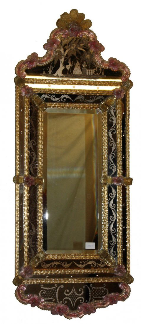 Venetian mirror with etched courting scene and blown: Glass pink flowers. 19th century. 48 1/2"h x 19 1/2"w