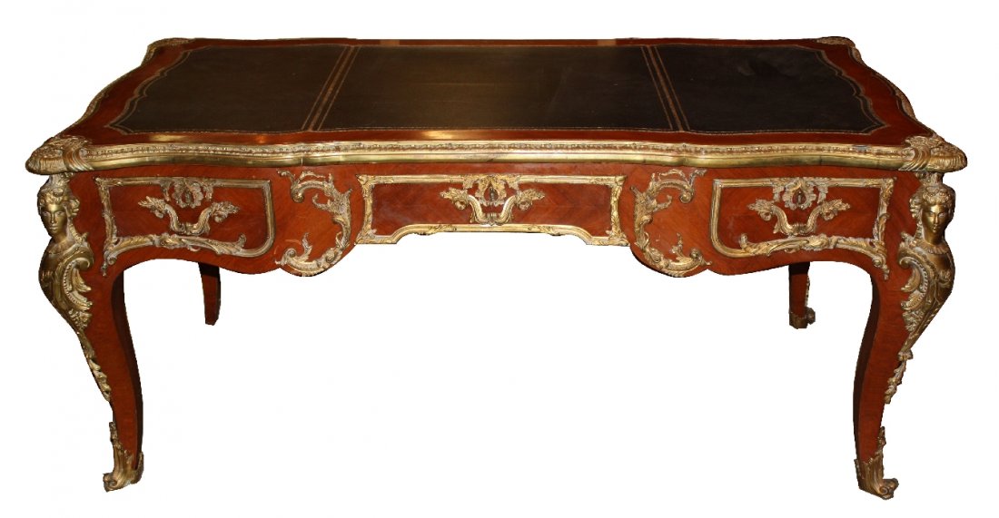 French Louis XV bronze mount bureauplat with leather: top, Early-mid 20th century. 30 5/8"h x 69 1/2"l x 37 1/2"w