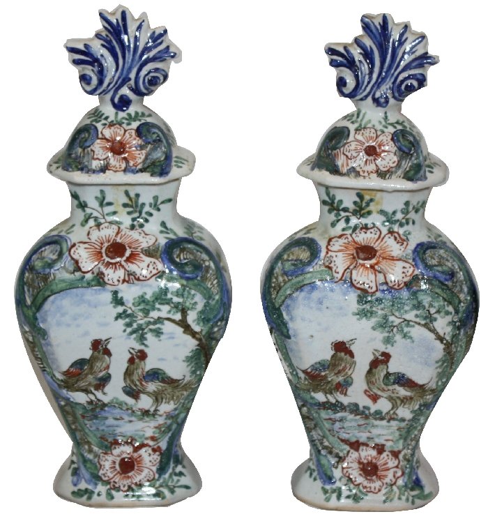 Pair of 19th c French faience polychrome vases with top: illegible mark on bottom. 11 1/8"h x 4 3/4"w