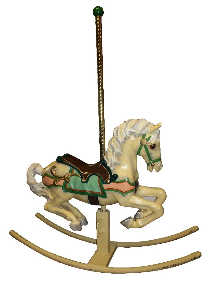 Painted carousel horse with brass pole. On rocking stan