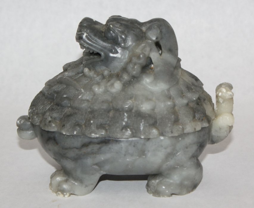 Chinese carved soapstone lidded box in foo dog form: 3 7/8"h x 6"w x 2 1/2"d