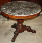 French Napoleon III gueridon with marble top: in mahogany with urn pedestal with tri-ped paw foot base . Circa 1860. 35 1/4" diam x 29 1/2"h