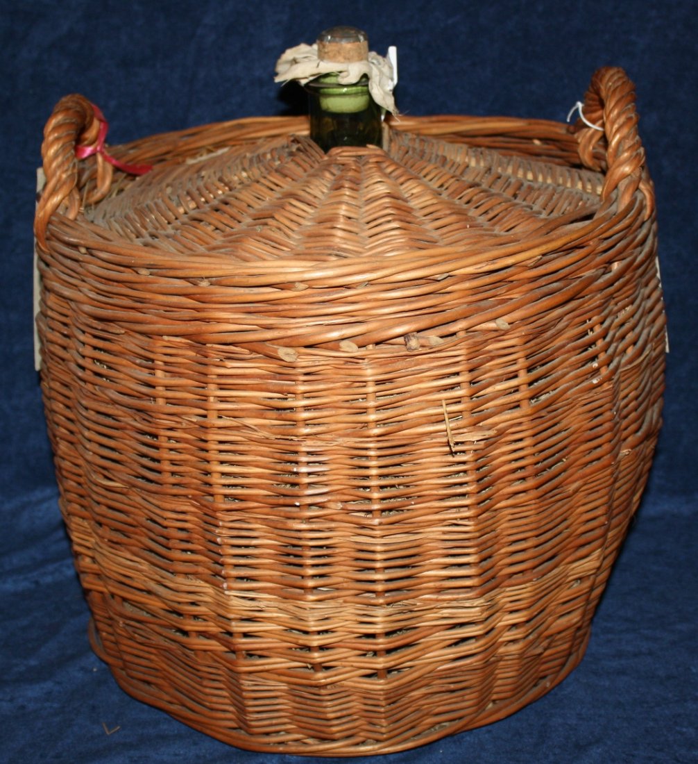 Vintage French wine bottle demi-john in wicker basket: With original label from vineyard. 16 1/2"h x 15"diam