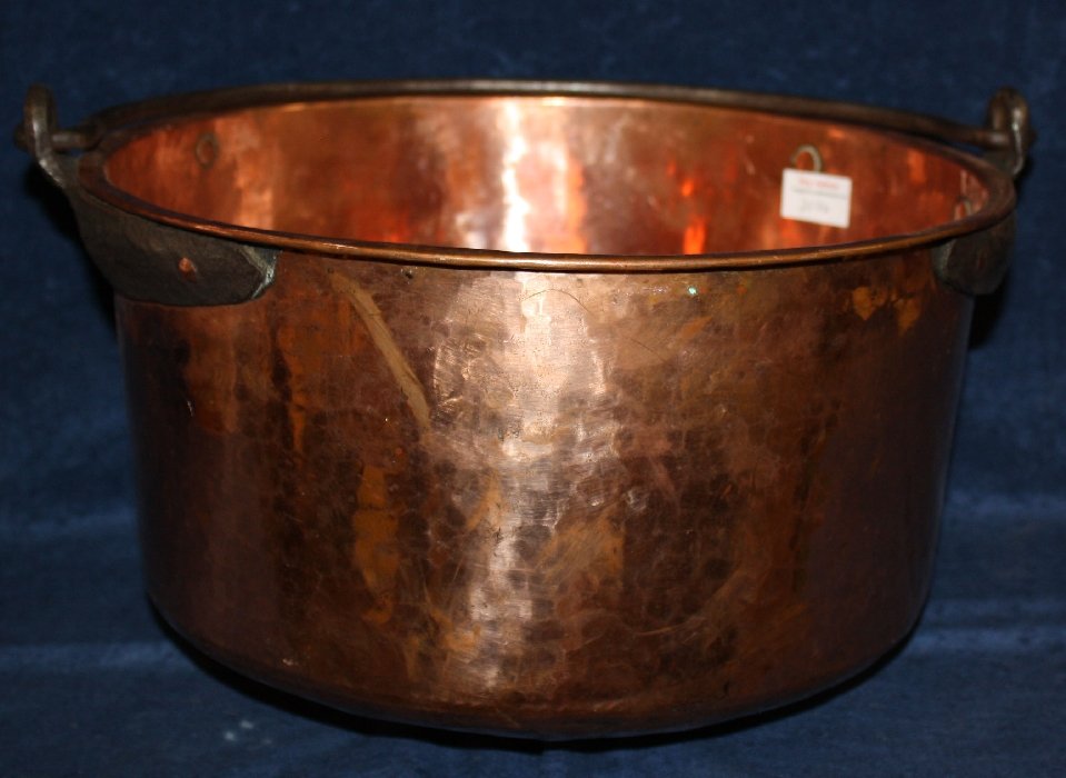 Antique French hand hammered copper candy vat with iron: handle. 19th century. 9 7/8"h x 16 1/2"dia