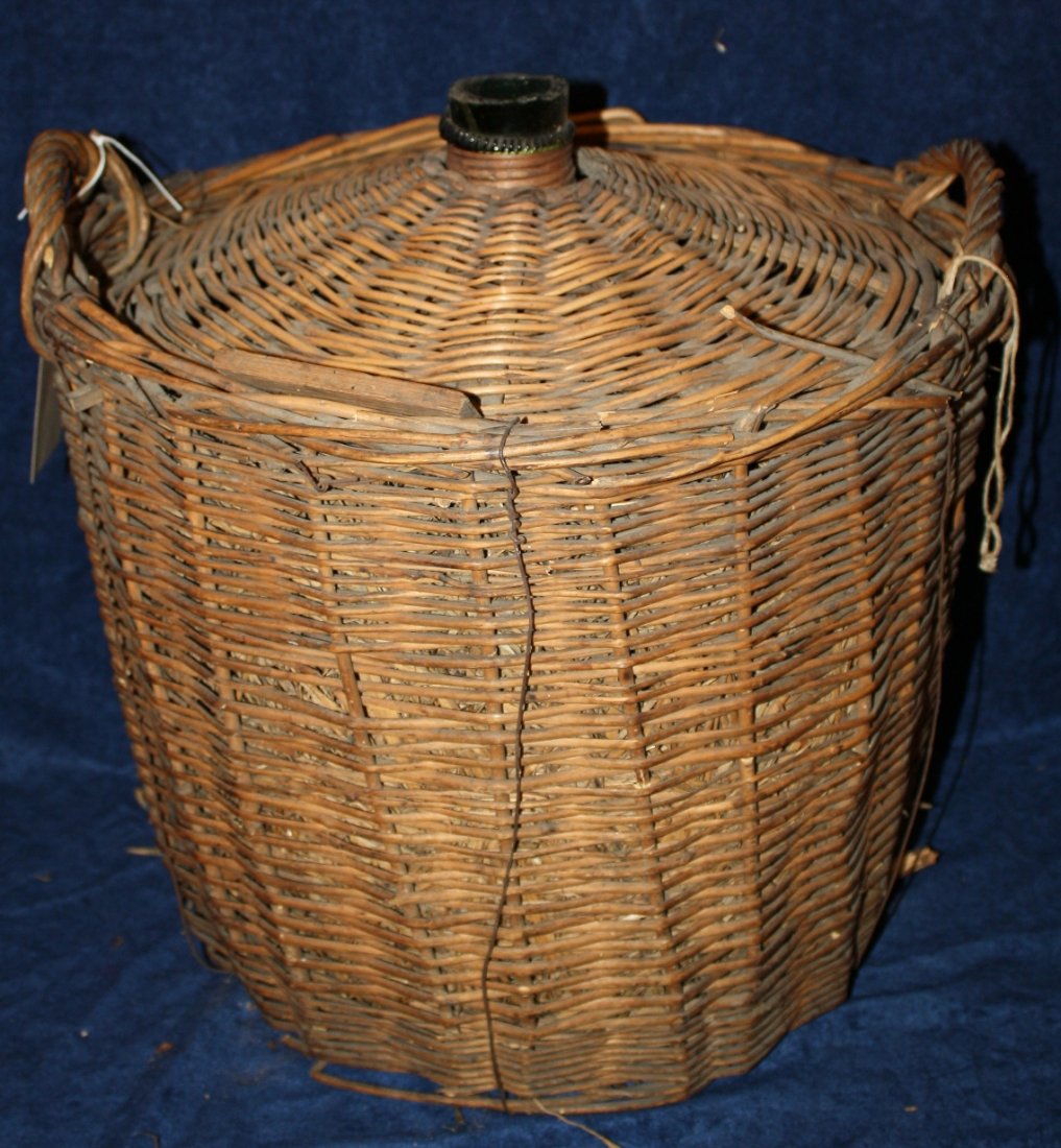 Vintage French wine bottle demi-john in wicker basket: With original label from vineyard. 17 1/2"h x 17"d