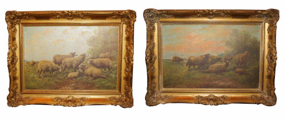 Henry Schouten (1864-1927) Lot of 2 oil on canvas: pastoral landscapes with sheep. (Henry Schouten, Belgian 1864-1927)Frame size: 37 3/4"w x 28 3/4"h Canvas: 20 1/4"h x 28 3/4"l