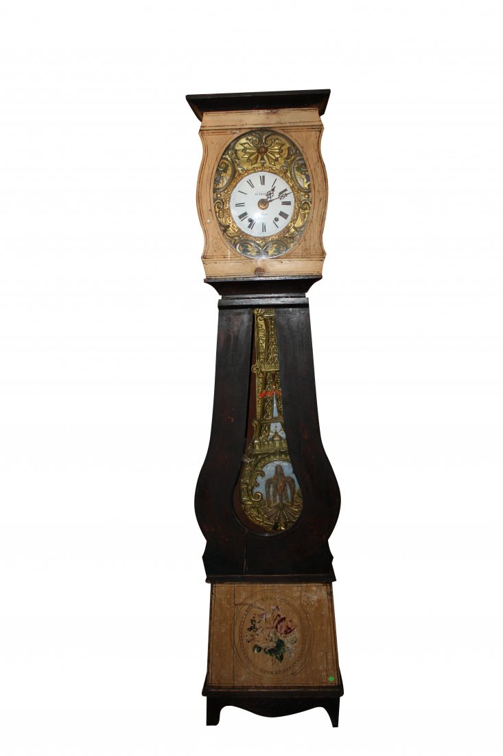 French Morbier tall case clock with painted case: porcelain dial with embossed brass. Late 19th century. 88 7/8" x 20 1/8"w x 10 3/4"d