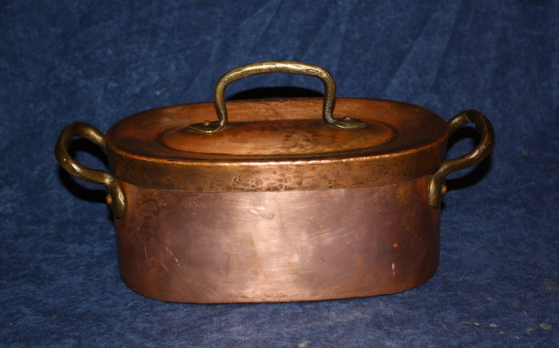 French hand hammered copper lidded pot: with iron handle. 6 1/4"h x 13"l x 6 1/4"d