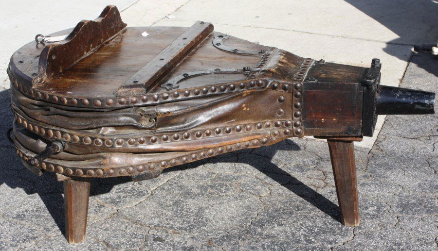 Antique French Provincial fireplace bellows table: Antique French Provincial wooden fireplace bellows coffee table. 25 1/4"h x 61 1/2"l x 50 1/2"d