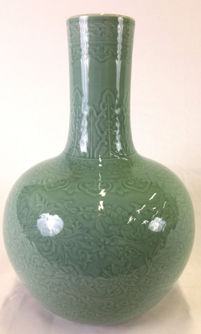 Chinese Qing Jade Green Engraved Porcelain Vase