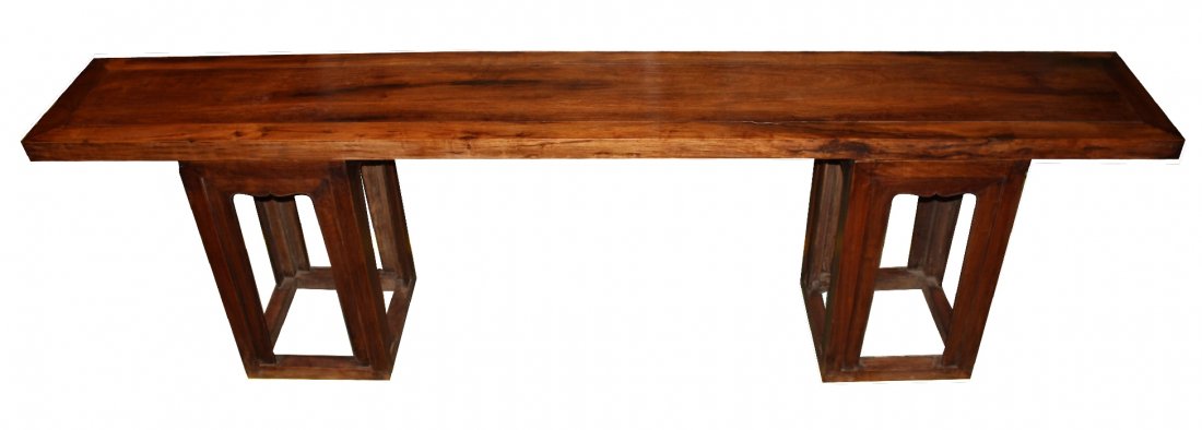 Chinese HuangHuaLi Long Altar Table: Chinese HuangHuaLi Long Altar Table. Dense hardwood throughout with a fine grain and patina. Long altar table supported on two sides, each by 4 legged pedestal stands. Measuring 70.75"L x 15.75"W x 32