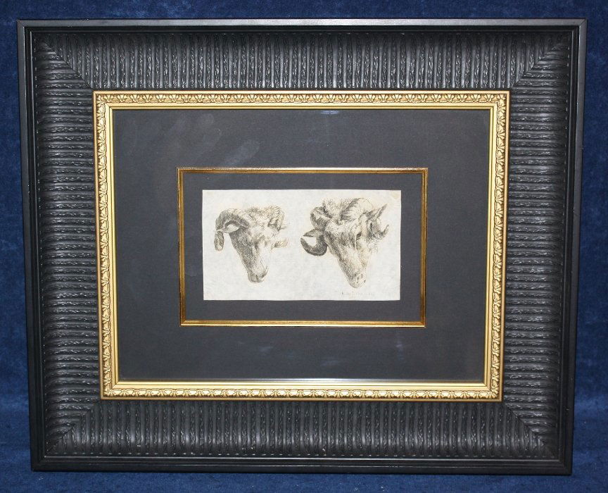 Karel Dujardin engraving of rams' heads: Framed 15 1/2"h x 18 3/4"w
