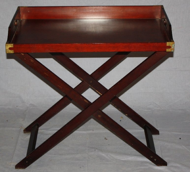 Mahogany campaign style butlers tray: on folding stand. 30"l x 30"h x 18"d