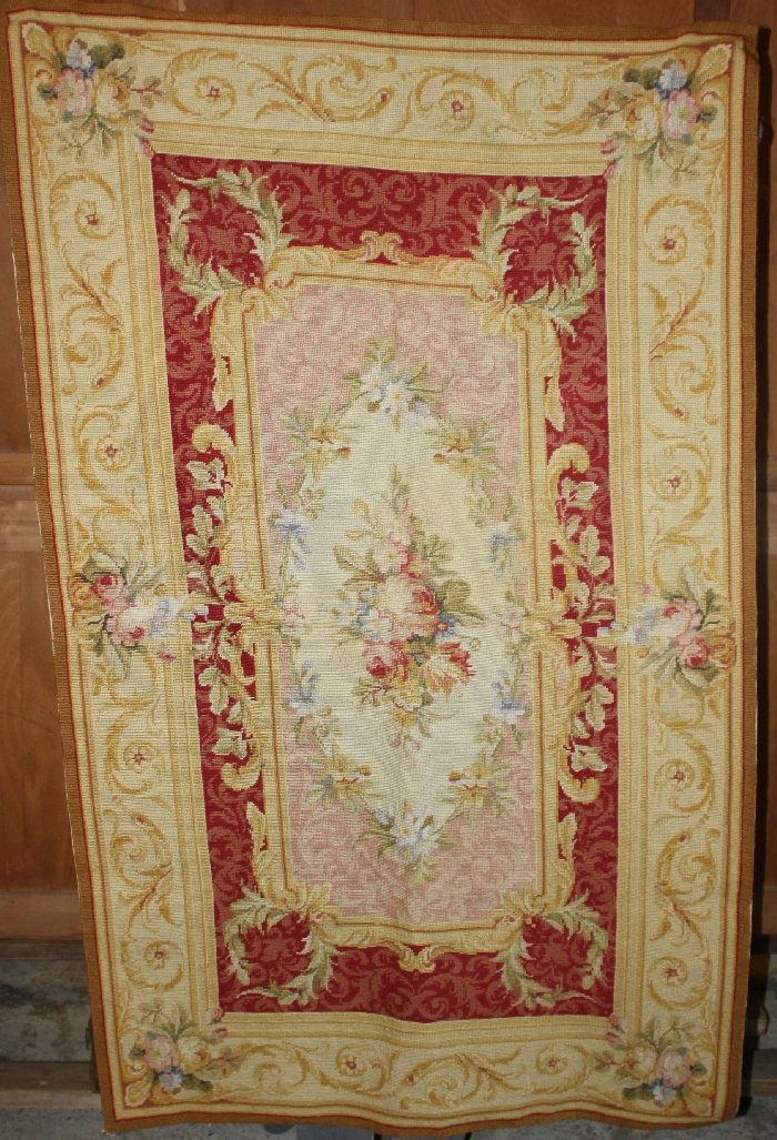 French floral needlepoint wall hanging: 35"w x 59"l