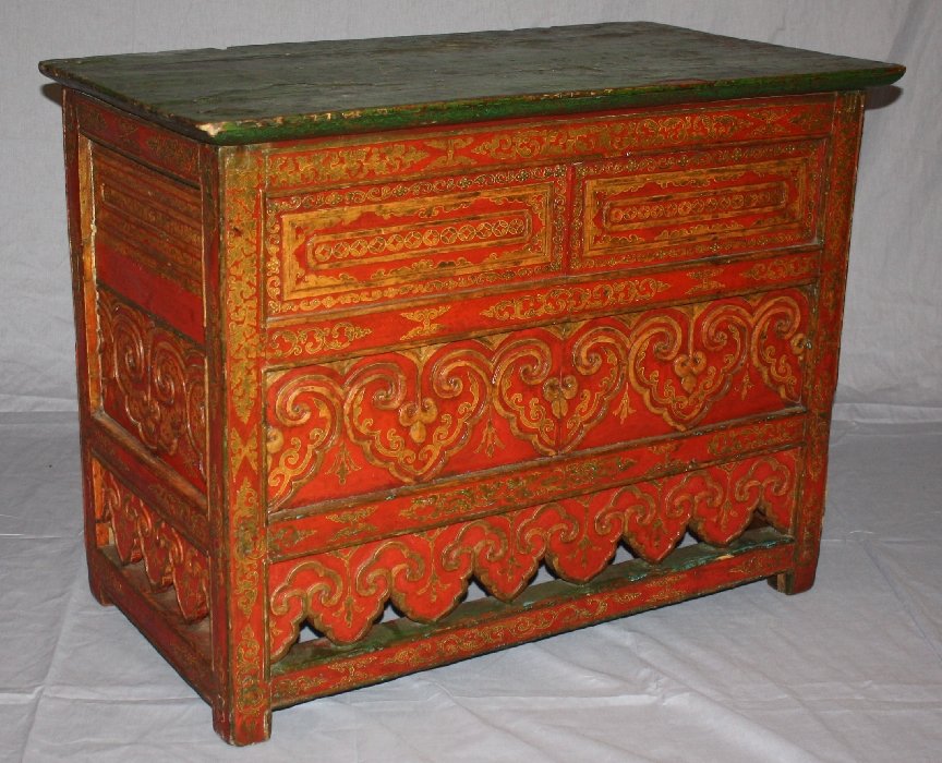Hand painted and carved Tibetan altar table: 29 5/8"h x 38 1/2"w x 21 5/8"d