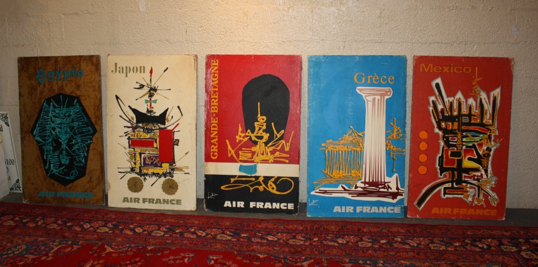 Lot of 13 Georges Mathieu designed travel posters: (Georges Mathieu 1921-2012. French painter in the style of Tachisme designed a series of travel posters for Air France).