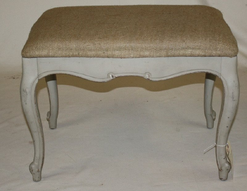 Provincial style burlap upholstered footstool: 25"w x 18"h