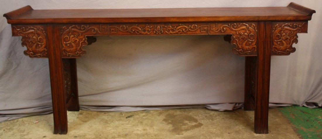 Chinese huanghuali altar table with carved dragons: 35 1/4"h x 82 5/8"l x 16 1/2"d