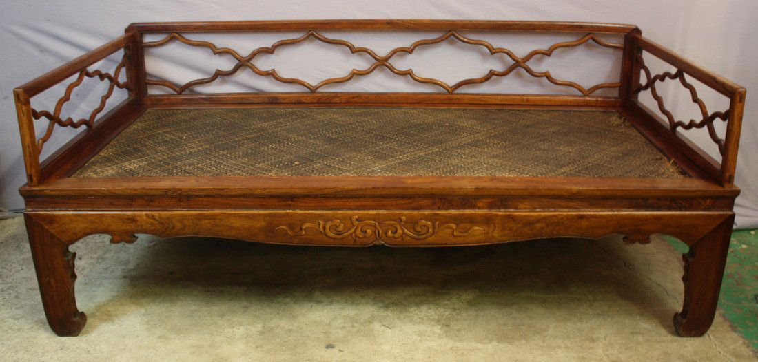 Chinese huanghuali opium bed with woven seat: 31 3/4"h x 78 3/8"l x 39 3/8"w