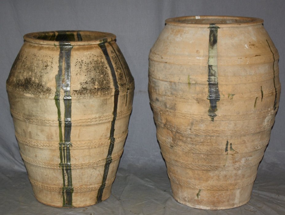 Lot of 2 Antique Spanish terra cotta olive oil jars: Circa 1850-1870. 35"h x 36 1/2"h