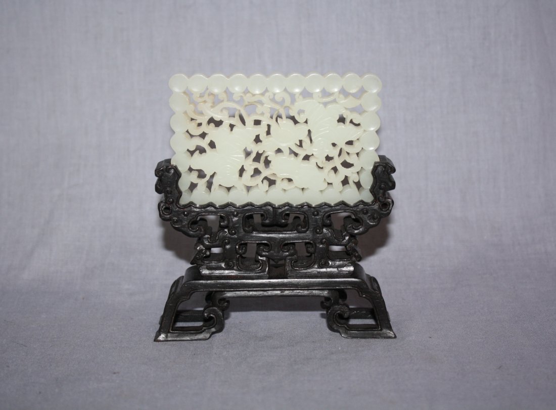 Chinese carved white jade table screen with stand: 4"h x 3 3/4"w x 1 1/8"d