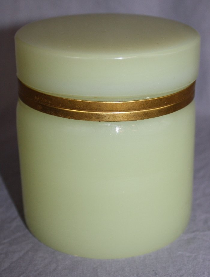 Ferro-Murano opaline glass lidded trinket box: with bronze trim. Circa 1950's-60's. 4 1/4"h x 3 3/4"w