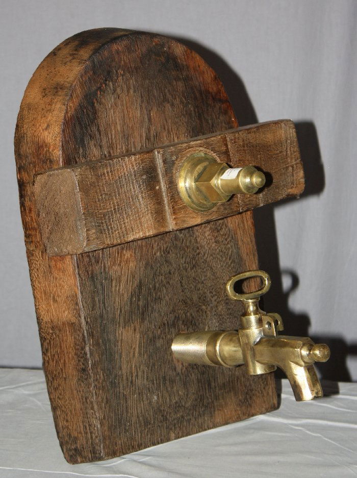 French Provincial wine cask tap in oak with bronze: tap. 19"h x 13 3/8"w