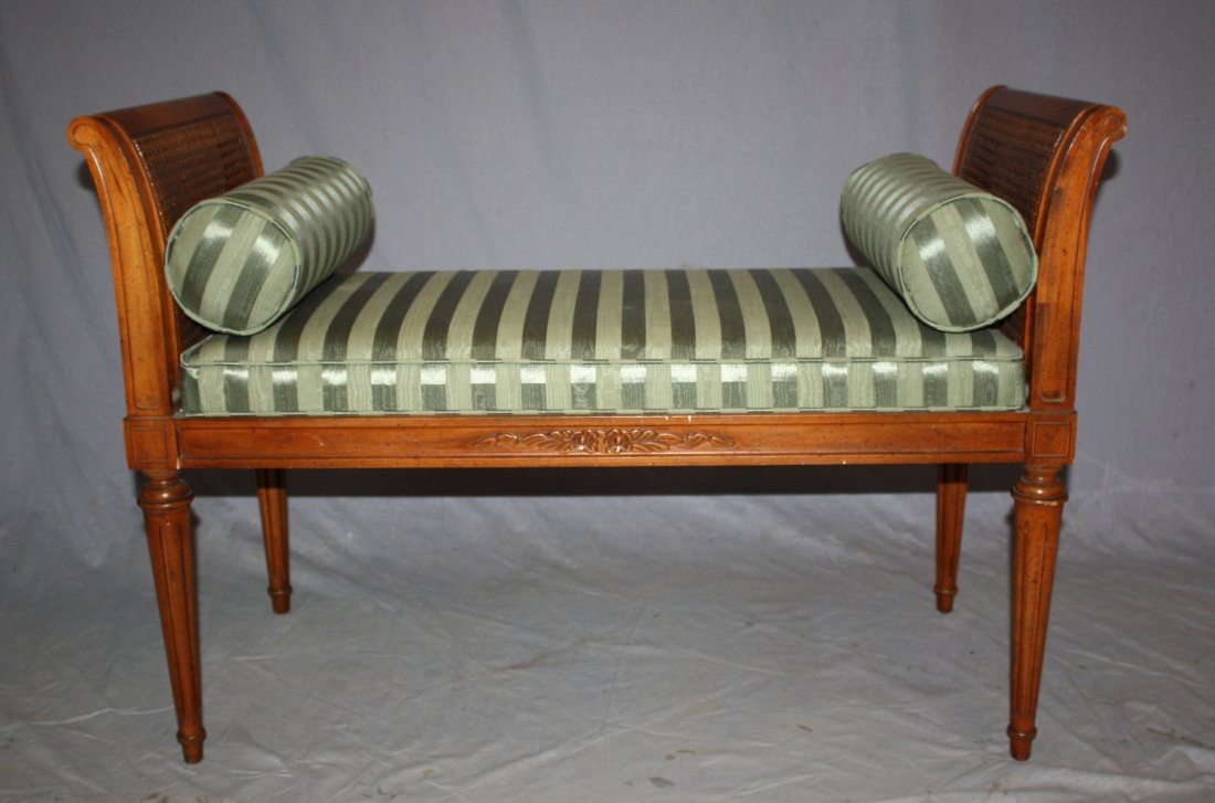 Rolled arm caned seat window bench: with striped upholstery. 27 5/8"h x 40"l x 18"d