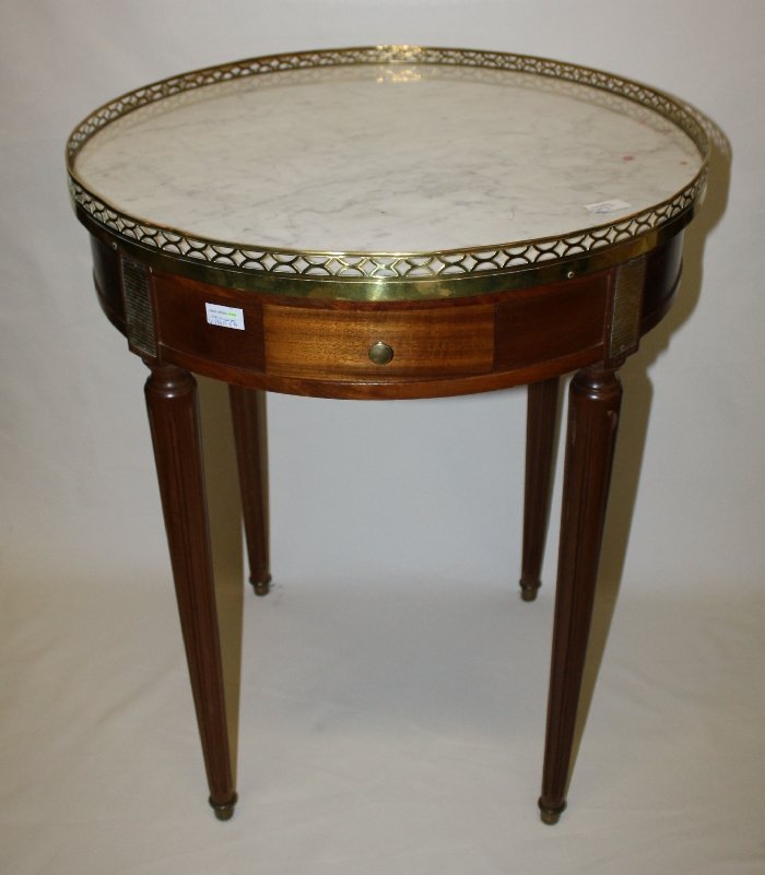 French Louis XVI style bouillotte table: with marble top & brass gallery. 245 1/2"w x 29 1/2"h