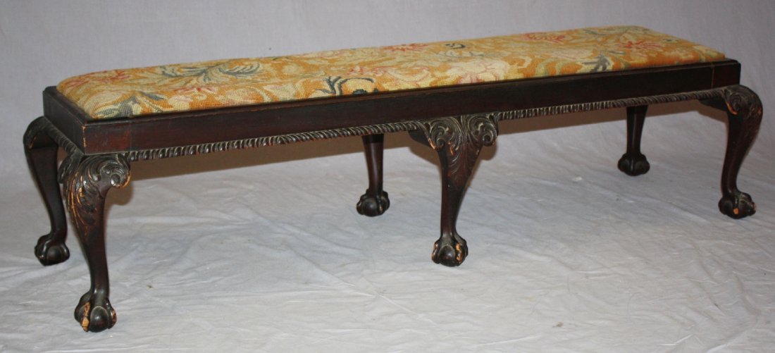 Chippendale 6-leg ball & claw window bench: In mahogany with needlepoint upholstery. 15"h x 51"l x 15"w