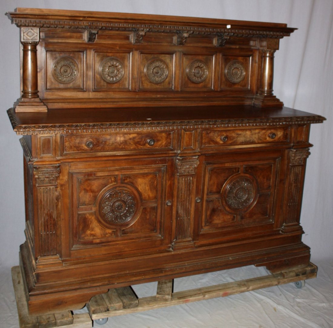 Italian Renaissance walnut sideboard: with carved rosettes. 62 1/2"h x 73 5/8"w x 22"d