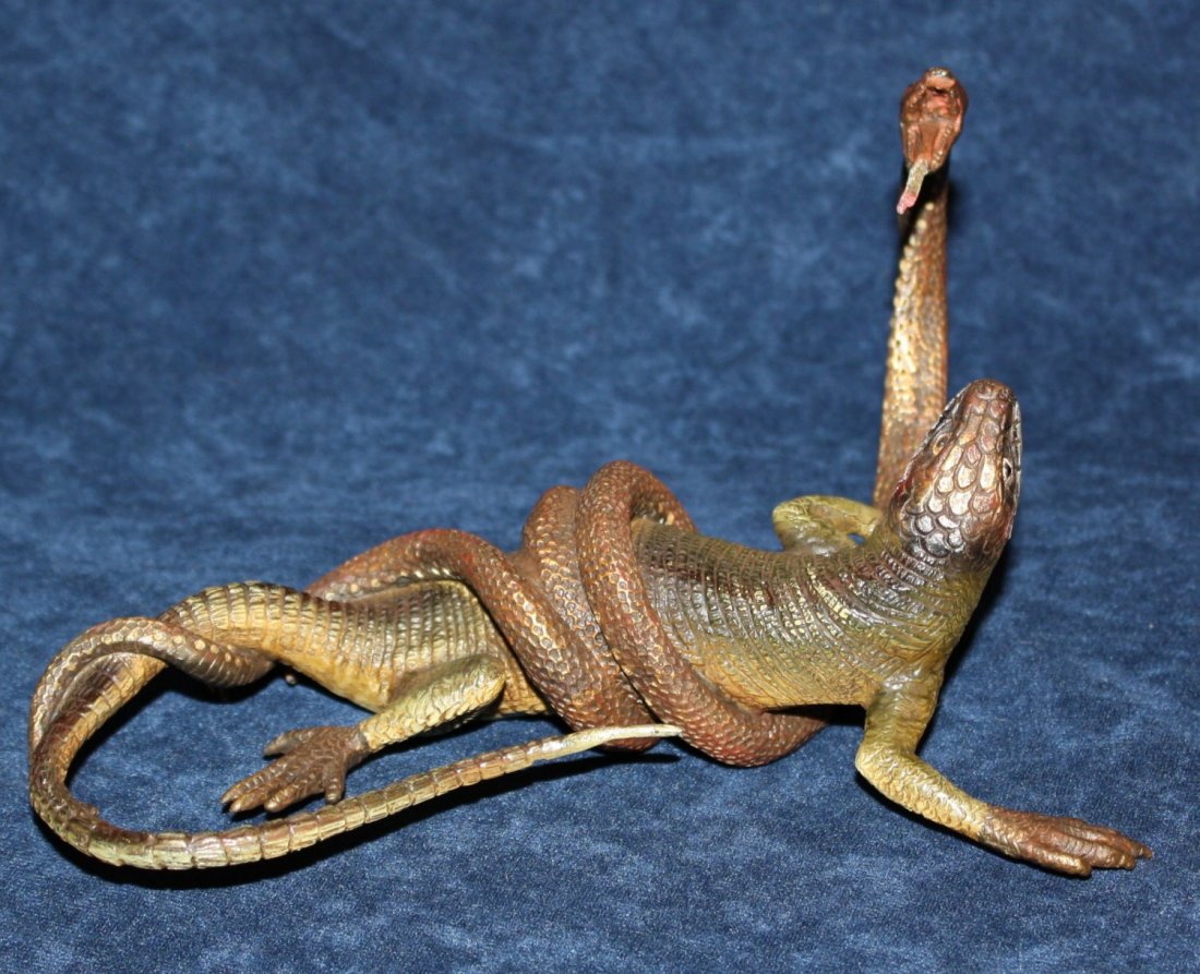 Austrian Geschutzt bronze depicting snake and lizard: cold painted bronze. 4 1/2"h x 8 1/4"w x 6 1/4"l