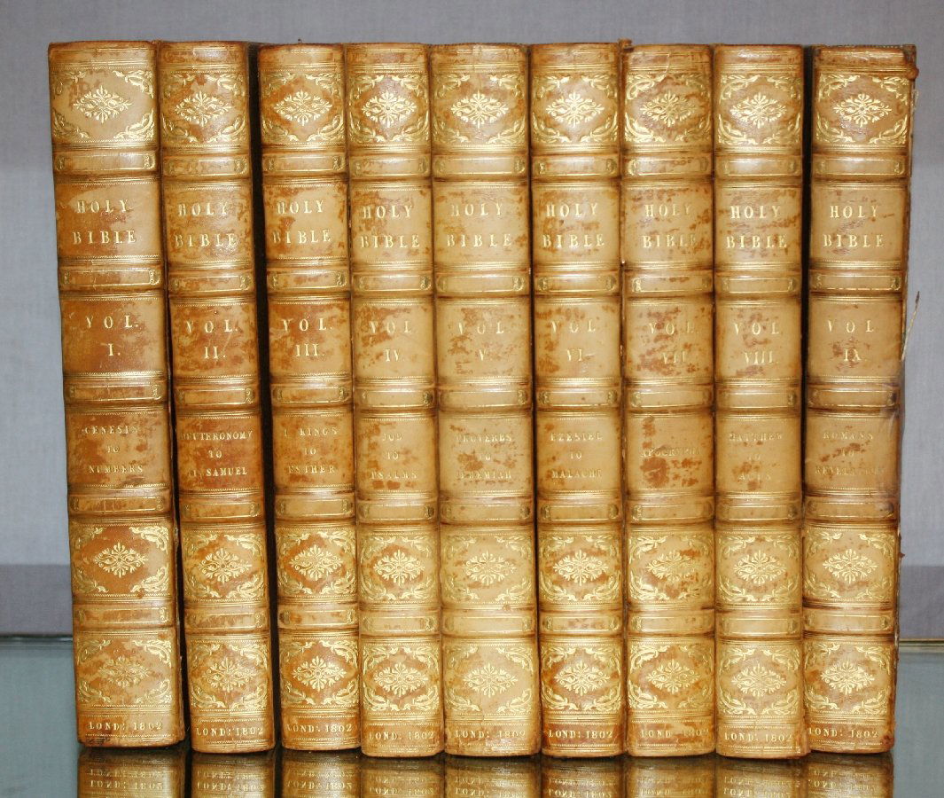 Holy Bible 9 volume leather bound books. Circa 1802.: Holy Bible 9 volume leather bound books. Published for John Reeves 1802. London. Sold by George and William Nichol. 9 3/8"h. Fair condition.