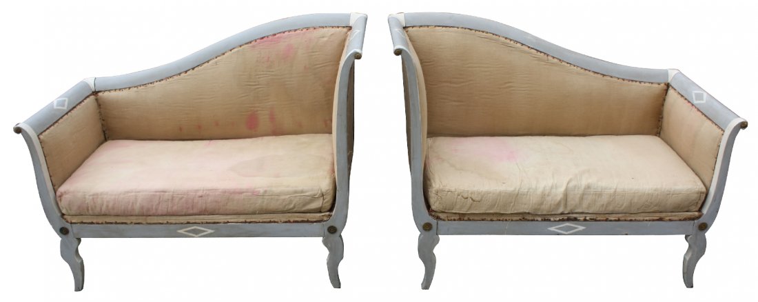 Pair of French Directoire painted settees. Circa 1810.: 36"h x 45 1/2"w x 22"d