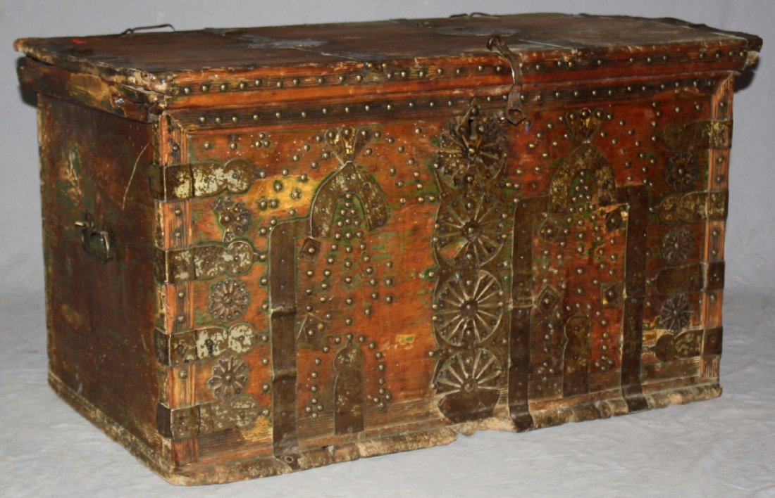 Antique Moroccan trunk with studded iron detail: Antique Moroccan trunk with studded iron detail. 20"h x 35"w x 20"d