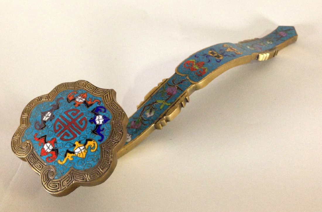 Chinese Cloisonne and bronze Ruyi Scepter: Chinese Cloisonne and bronze Ruyi Scepter. 14 1/4"l
