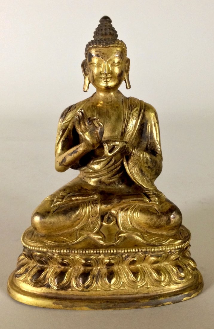 Chinese Gilt Bronze Buddha seated in dhyanasana. On dou: Chinese Gilt Bronze Buddha seated in dhyanasana. On double lotus base. 6 1/8"h x 4 5/8"w x 3"d