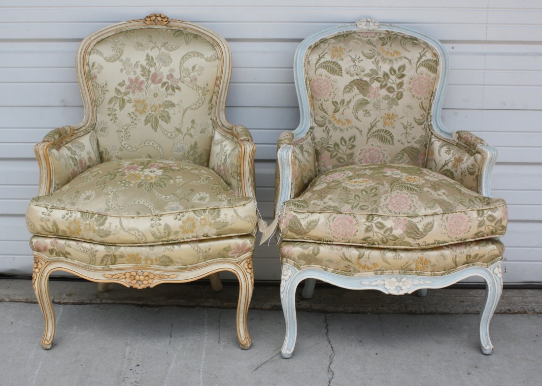 Pair of companion John Widdicomb bergeres: painted frames with silk upholstery. *Chairs are painted different colors* 35 1/2"h x 27 1/2"w x 29"d