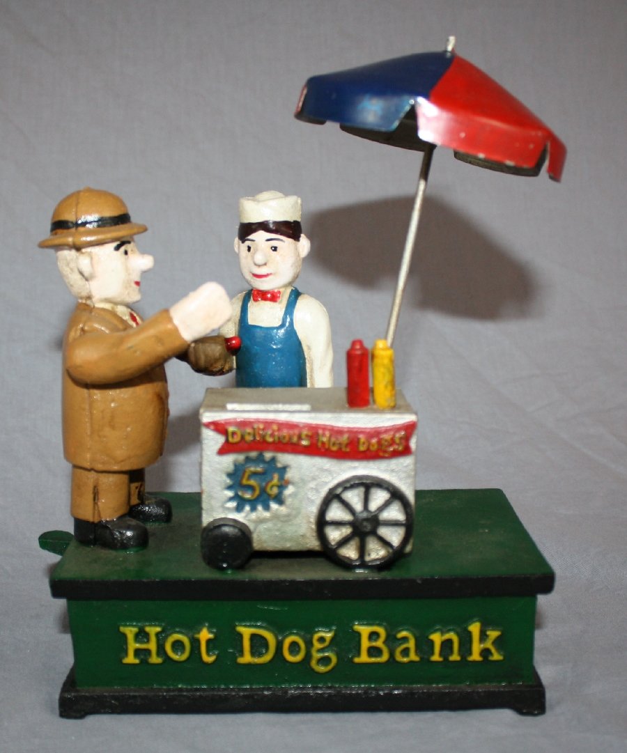 Cast iron Hot Dog Cart bank 6 1/2"w x 9"h x 3 1/4"d: Cast iron Hot Dog Cart bank 6 1/2"w x 9"h x 3 1/4"d