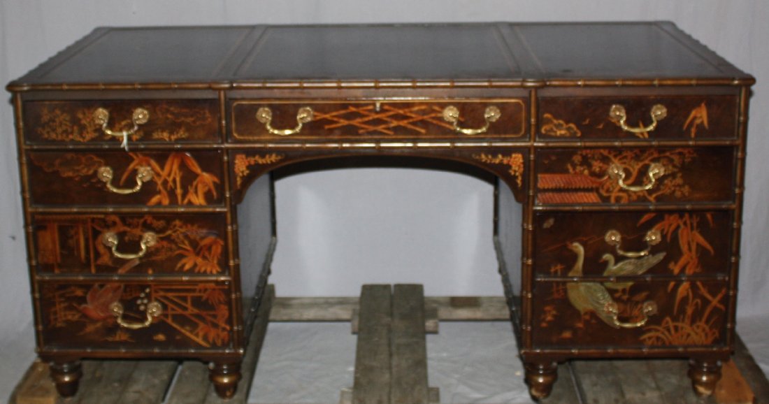 Henredon Chinoiserie desk. Faux bamboo with raised gilt: Henredon Chinoiserie desk. Faux bamboo with raised gilt decoration. 30 1/2"h x 63 7/8"l x 32 1/8"d