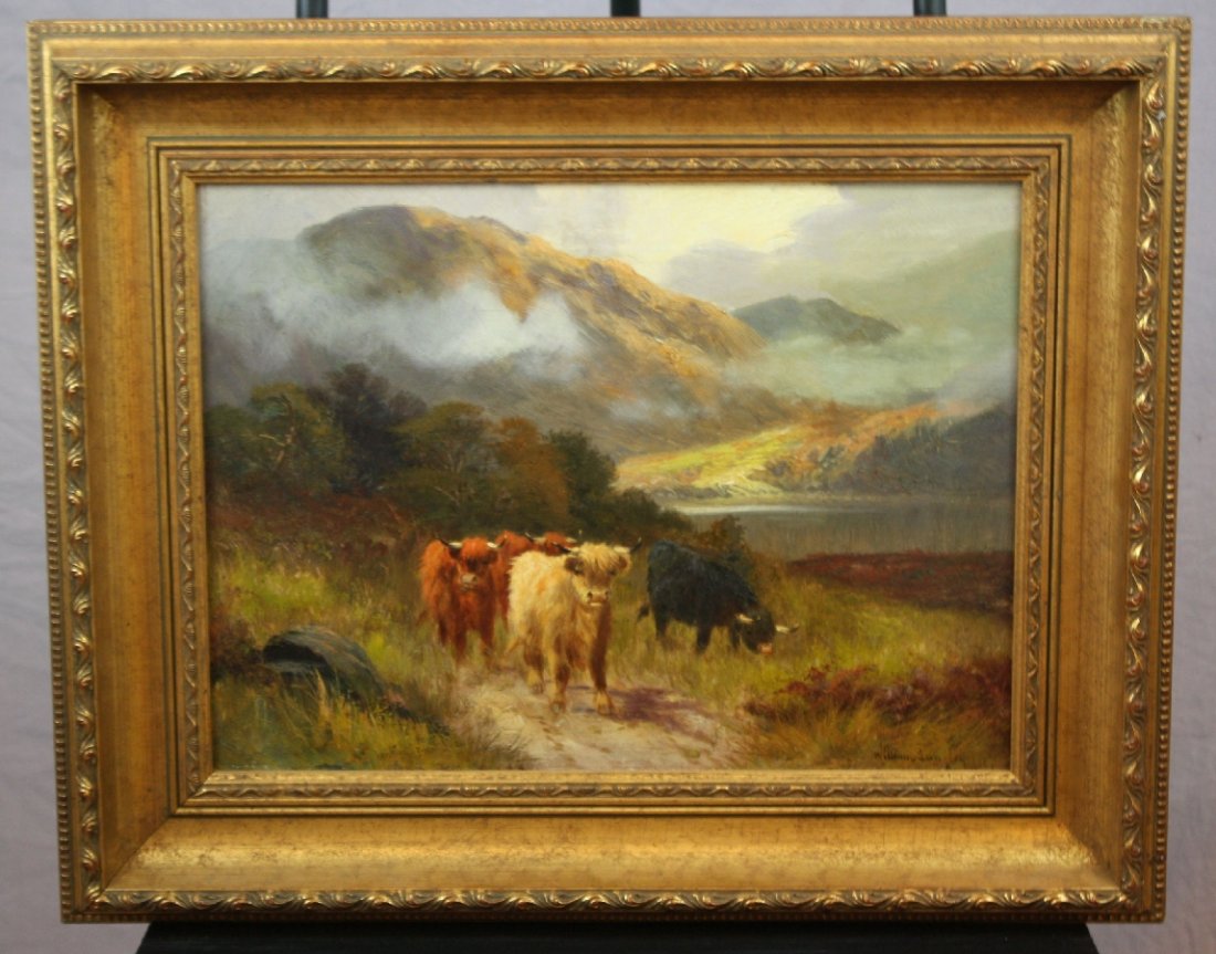 William Langley pastoral with cows oil on canvas: William Langley pastoral oil on canvas signed l/rWilliam Langley (1852-1922) 11 5/8"h x 15 5/8"w